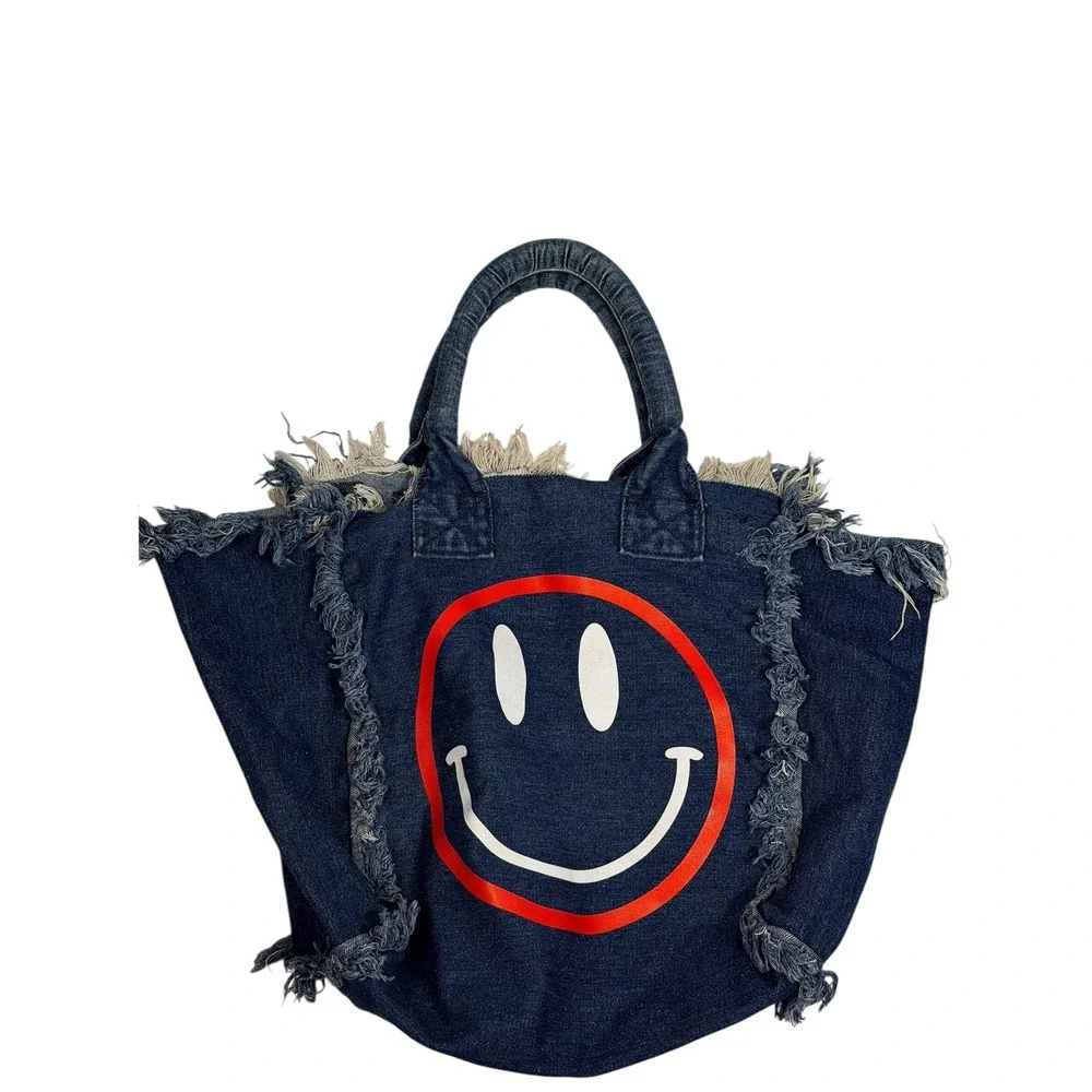 Vintage Hipchik Couture hobo chic Denim Smiley Face Tote Distressed Fringe bag